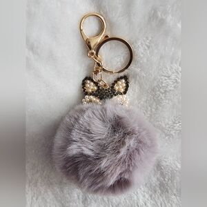 Fox Elegant Gold and Gray Pom Pom Keychain Bag Charm